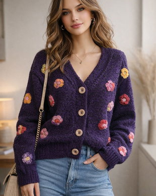 Jacheta Cardigan tricotat manual nuanțe mov