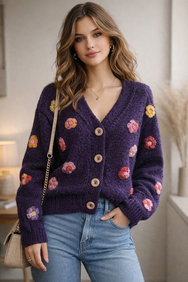 Jacheta Cardigan tricotat manual nuanțe mov