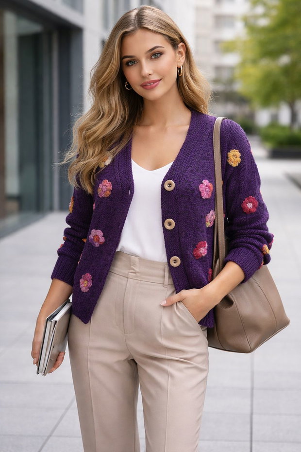 Jacheta Cardigan tricotat manual nuanțe mov