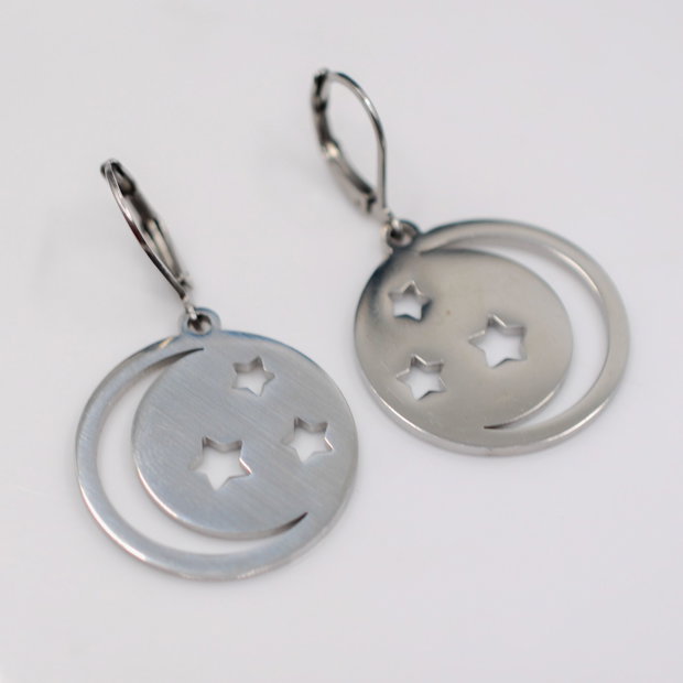Nightsky Cercei luna si stele, din inox, cercei lungi, cercei statement, cercei handmade