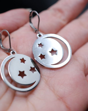 Nightsky Cercei luna si stele, din inox, cercei lungi, cercei statement, cercei handmade