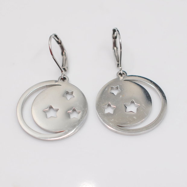 Nightsky Cercei luna si stele, din inox, cercei lungi, cercei statement, cercei handmade