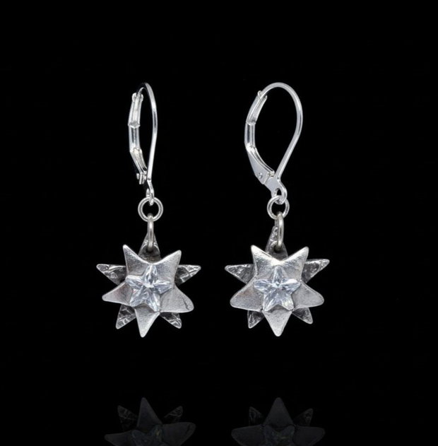 Cercei unicat din argint pur, atarnatori cu steaua nordului incluzand in cristal cubic zirconia stea transparent