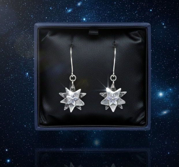 Cercei unicat din argint pur, atarnatori cu steaua nordului incluzand in cristal cubic zirconia stea transparent