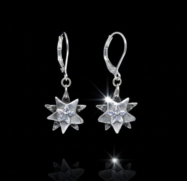 Cercei unicat din argint pur, atarnatori cu steaua nordului incluzand in cristal cubic zirconia stea transparent