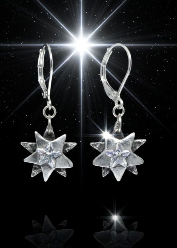 Cercei unicat din argint pur, atarnatori cu steaua nordului incluzand in cristal cubic zirconia stea transparent