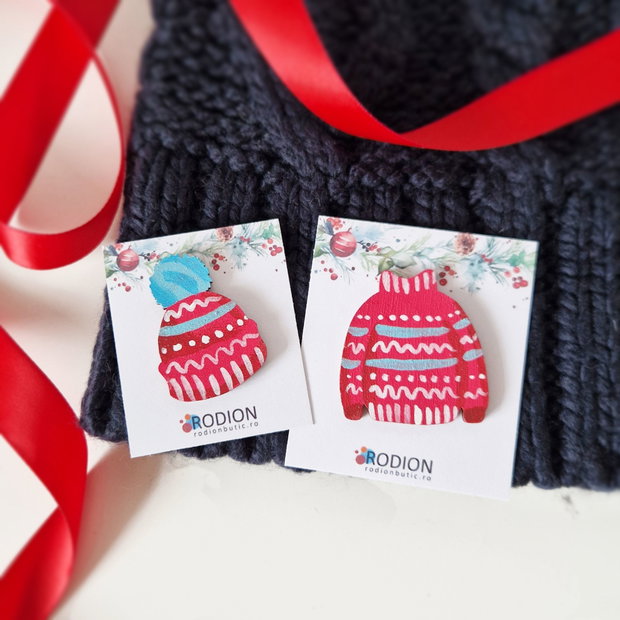 Set brose Craciun, pictate manual pe lemn, accesorii handmade