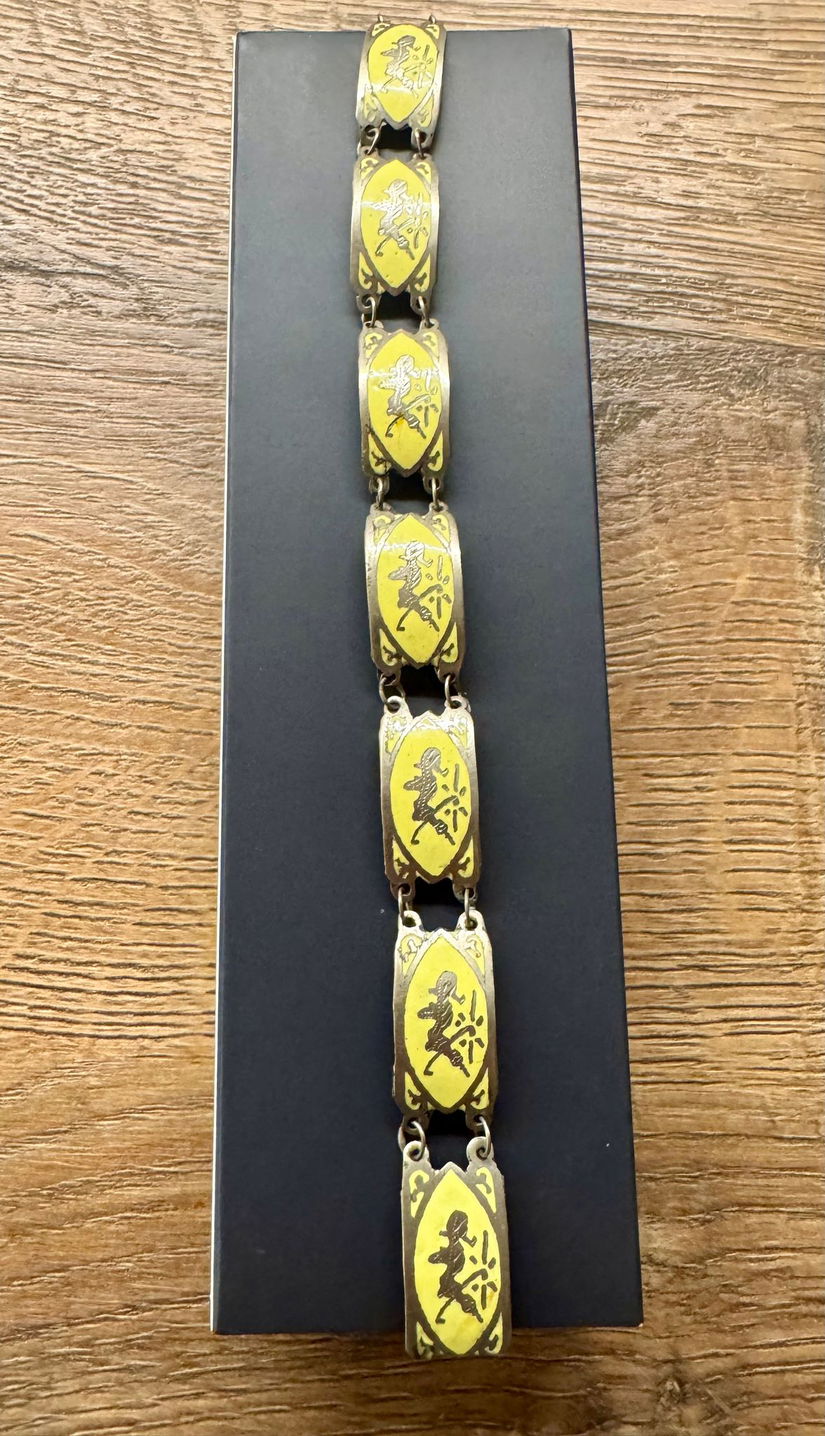 VINTAGE SIAM SILVER NIELLO BRATARA RARA ARGINT EMAIL GRAVURA MANUALA 1910/1920