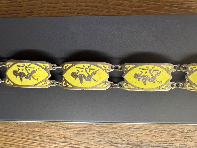 VINTAGE SIAM SILVER NIELLO BRATARA RARA ARGINT EMAIL GRAVURA MANUALA 1910/1920