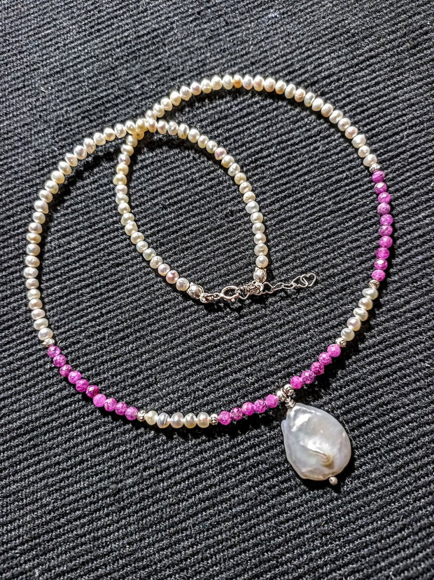 Colier argint perle naturale de cultura baroc rubin minimalist boho chic trendy -Transport gratuit