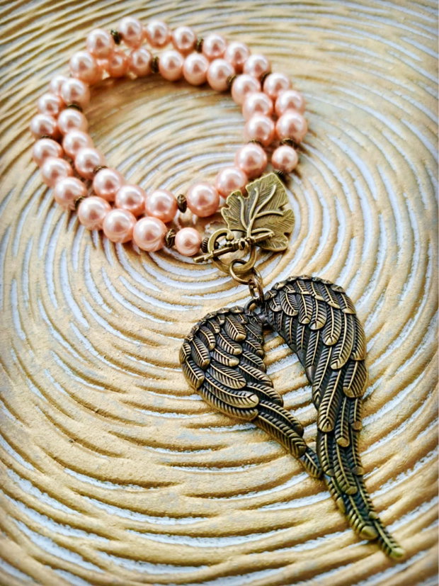 Set Colier și cercei perle de Mallorca somon & aripi inger bronz