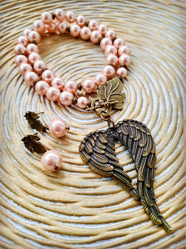Set Colier și cercei perle de Mallorca somon & aripi inger bronz