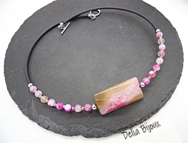 Colier statement din agate naturale pandantiv agat fațetat, handmade, design modern (cod1360)