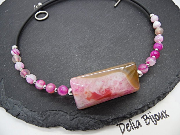Colier statement din agate naturale pandantiv agat fațetat, handmade, design modern (cod1360)