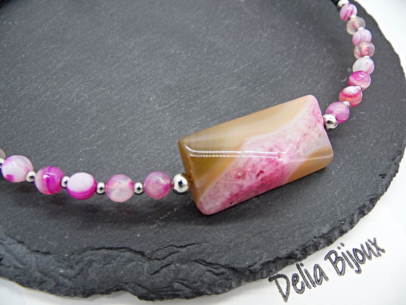 Colier statement din agate naturale pandantiv agat fațetat, handmade, design modern (cod1360)