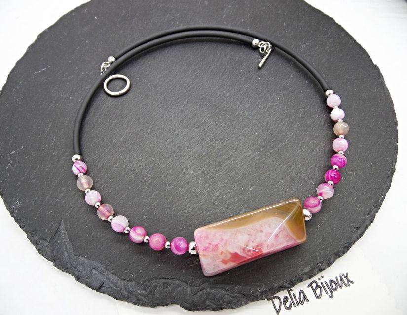 Colier statement din agate naturale pandantiv agat fațetat, handmade, design modern (cod1360)