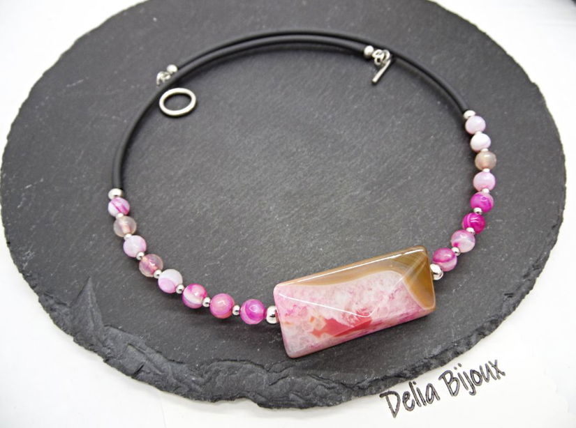 Colier statement din agate naturale pandantiv agat fațetat, handmade, design modern (cod1360)