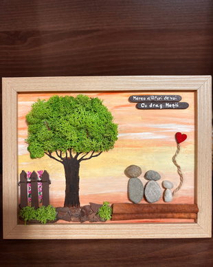 Tablou handmade / Cadou cuplu / nasi / fini / familie din pietre, licheni, lemn