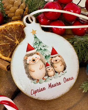 Glob Craciun Personalizat Lemn Familia de arici