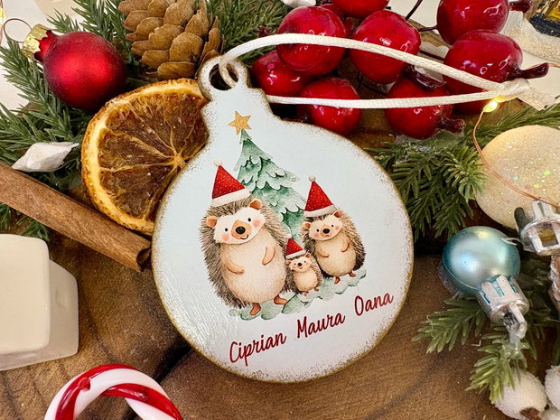 Glob Craciun Personalizat Lemn Familia de arici