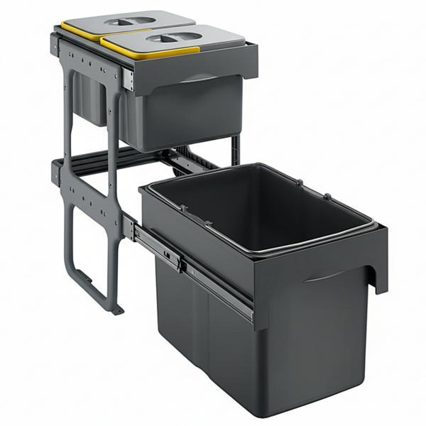 Cos de gunoi Tandem Short incorporabil, colectare selectiva, cu 1 compartiment x 34 litri si 2 compartimente x 12 litri