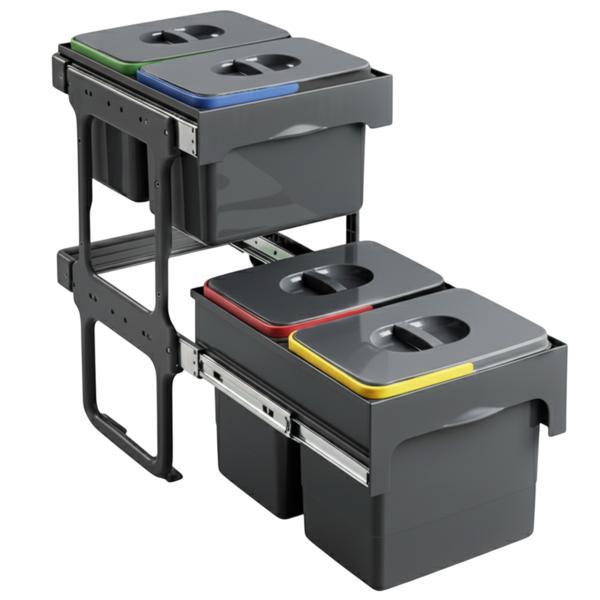 Cos de gunoi Tandem Short incorporabil, colectare selectiva, cu 2 compartimente x 15 litri si 2 compartimente x 12 litri