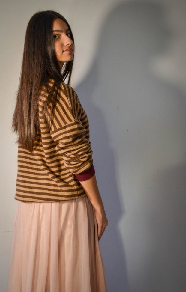 Bluzon oversize cu dungi din bumbac tip french terry