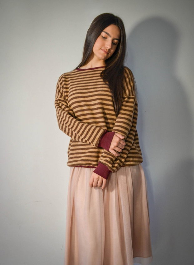 Bluzon oversize cu dungi din bumbac tip french terry