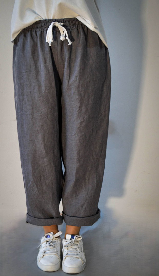 Pantaloni cu croială lejeră din in 100% culoare gri antracit