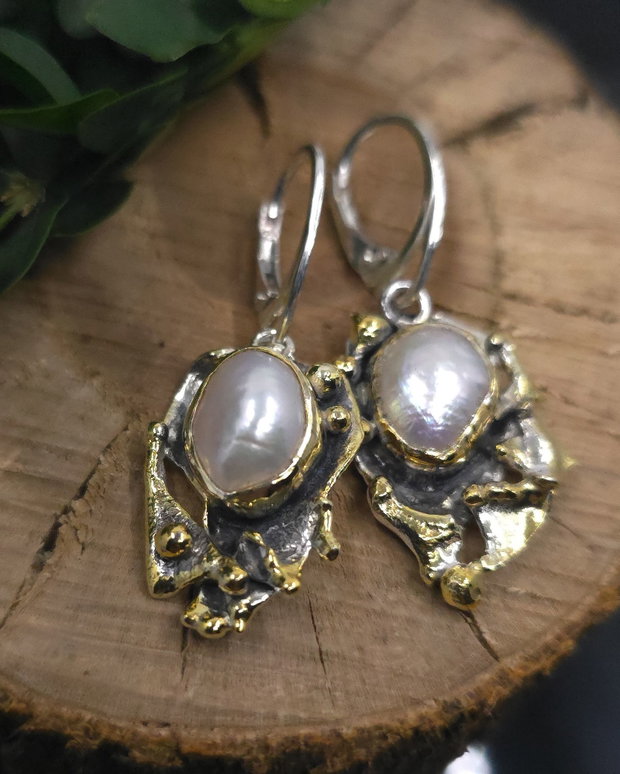 Cercei asimetrici din argint si perle, cercei argint, cercei statement, cercei handmade