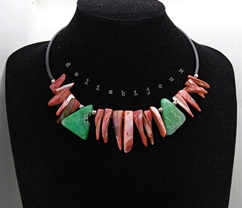 Colier statement din sidef roz și agate verzi (cod1361)