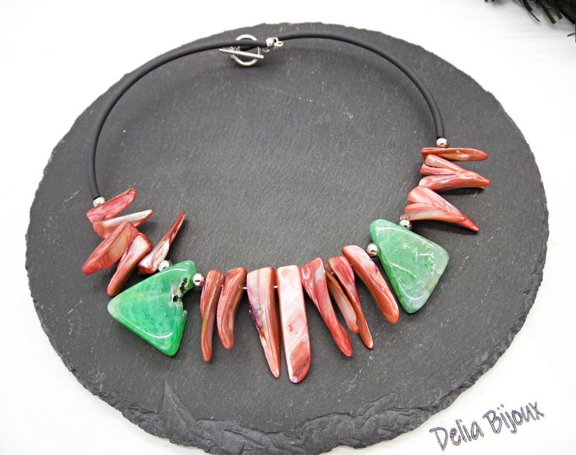 Colier statement din sidef roz și agate verzi (cod1361)