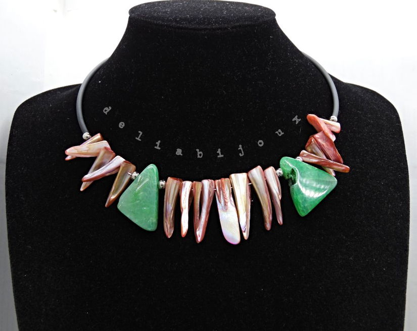 Colier statement din sidef roz și agate verzi (cod1361)