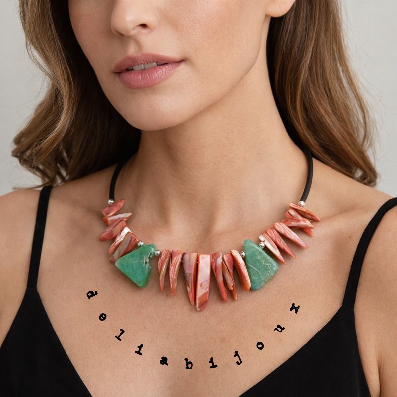 Colier statement din sidef roz și agate verzi (cod1361)