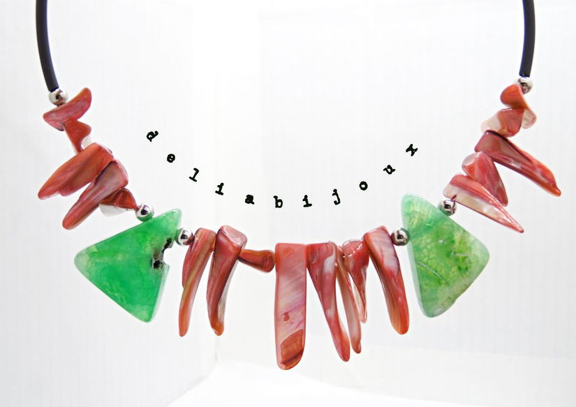 Colier statement din sidef roz și agate verzi (cod1361)