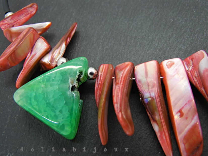 Colier statement din sidef roz și agate verzi (cod1361)