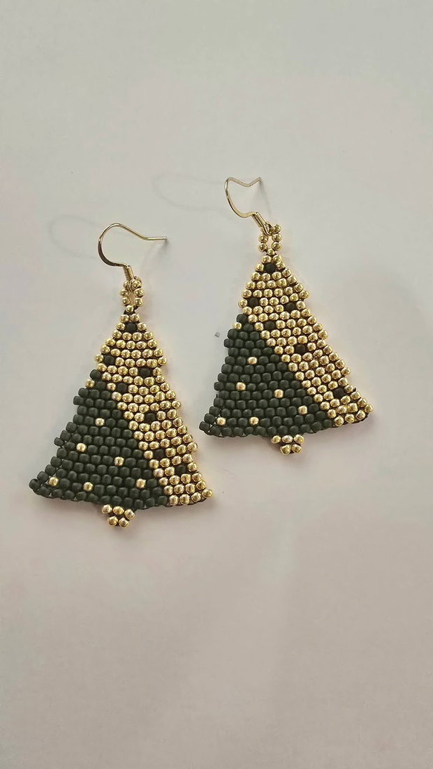 Cercei brăduț geometric verde olive și auriu | handmade