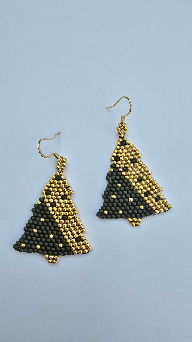 Cercei brăduț geometric verde olive și auriu | handmade