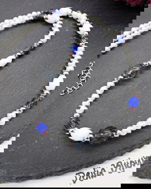 Colier unicat din sticlă și perle compoziție alb & albastru (cod1362)