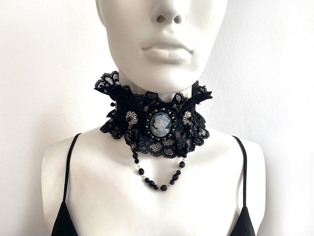 Chocker punk・Cristale si margele fatetate・Colier steampunk cu camee・Colier punkart