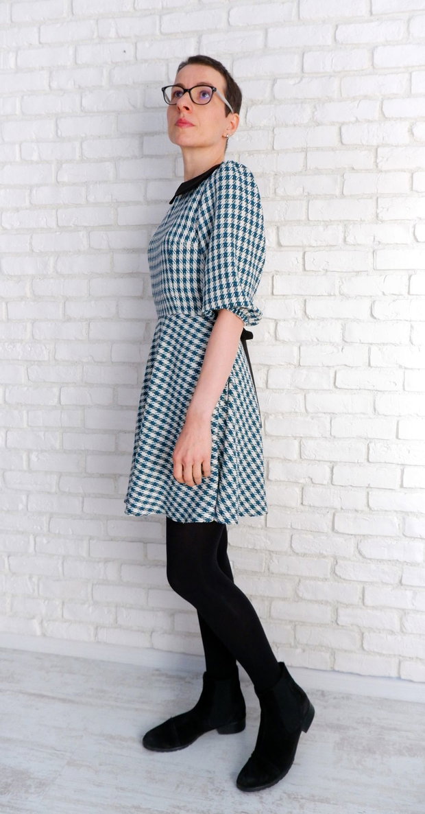 Rochie Stofa cu Guler Rotund Turcoaz cu Negru