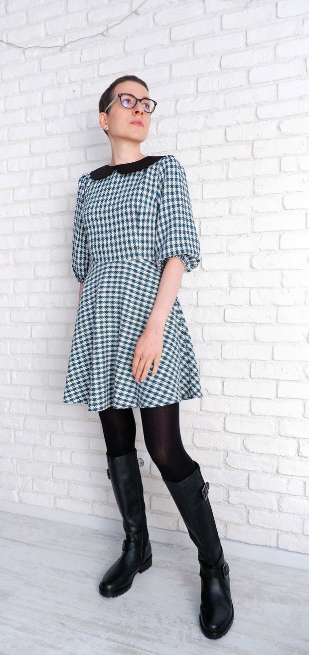 Rochie Stofa cu Guler Rotund Turcoaz cu Negru