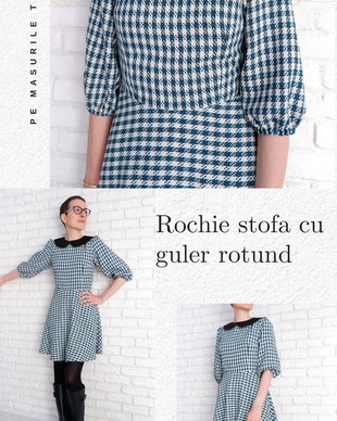 Rochie Stofa cu Guler Rotund Turcoaz cu Negru