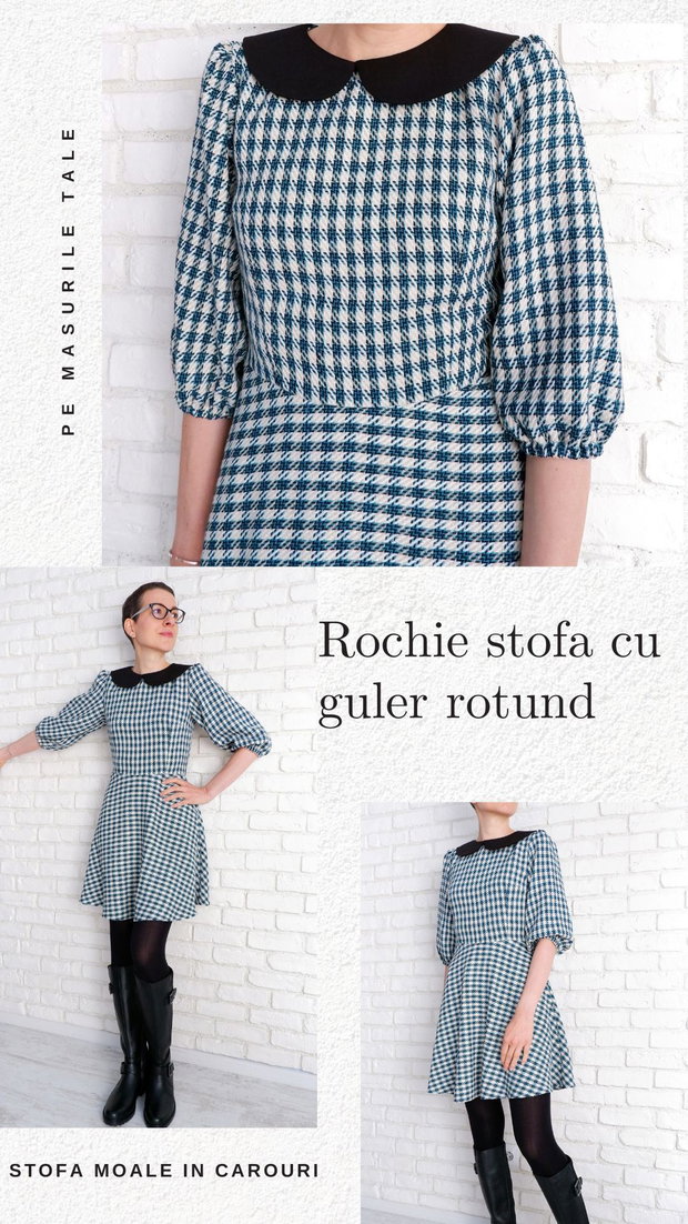 Rochie Stofa cu Guler Rotund Turcoaz cu Negru