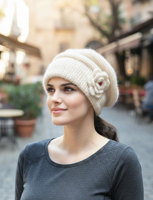 Beretă, caciula ivorie tricotată manual din mohair Visone  eleganță și rafinament italian