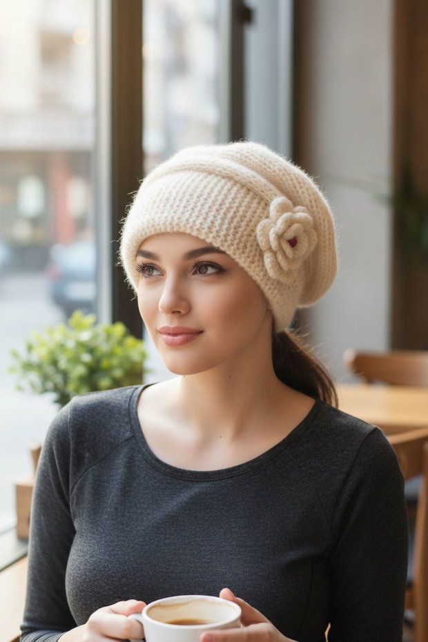 Beretă, caciula ivorie tricotată manual din mohair Visone  eleganță și rafinament italian
