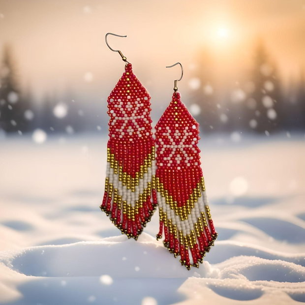 Cercei Snowflake Red & Gold mărgele Toho, model franjuri
