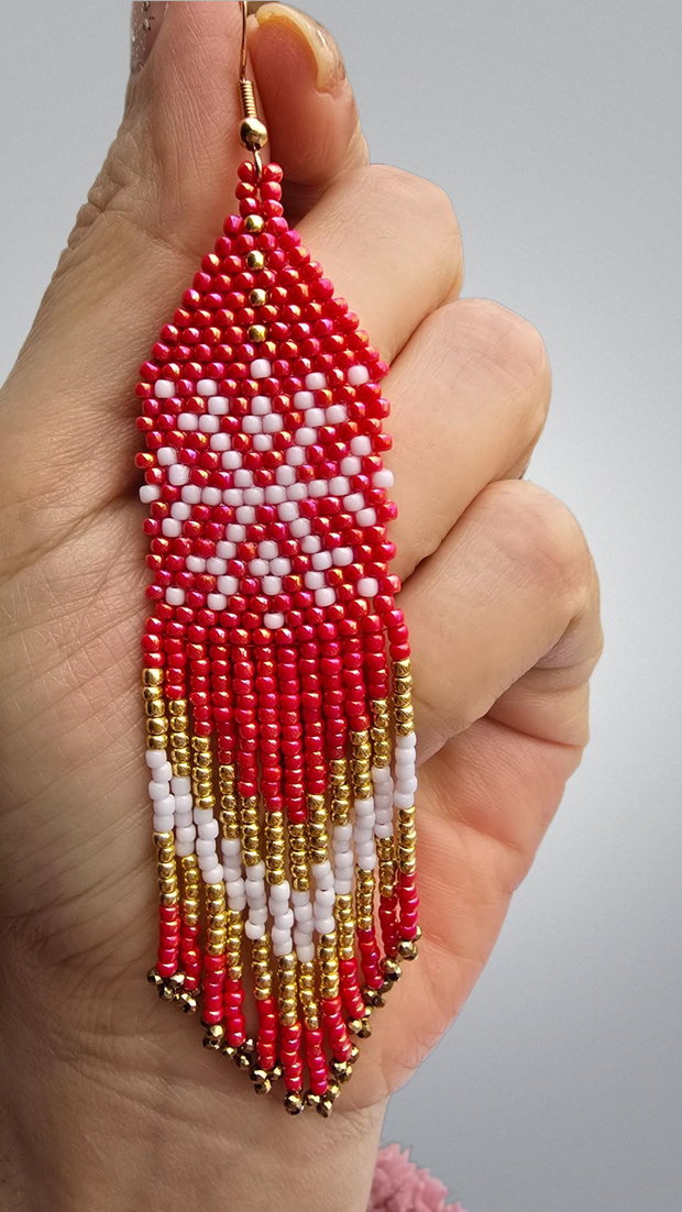 Cercei Snowflake Red & Gold mărgele Toho, model franjuri
