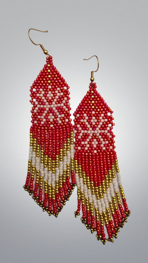 Cercei Snowflake Red & Gold mărgele Toho, model franjuri