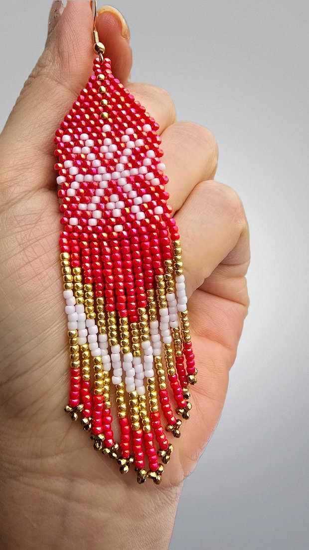 Cercei Snowflake Red & Gold mărgele Toho, model franjuri